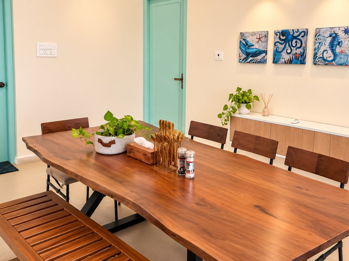 Live-edge wooden dining table at RYST 109A beach villa, Pearl Beach, Cheyyur