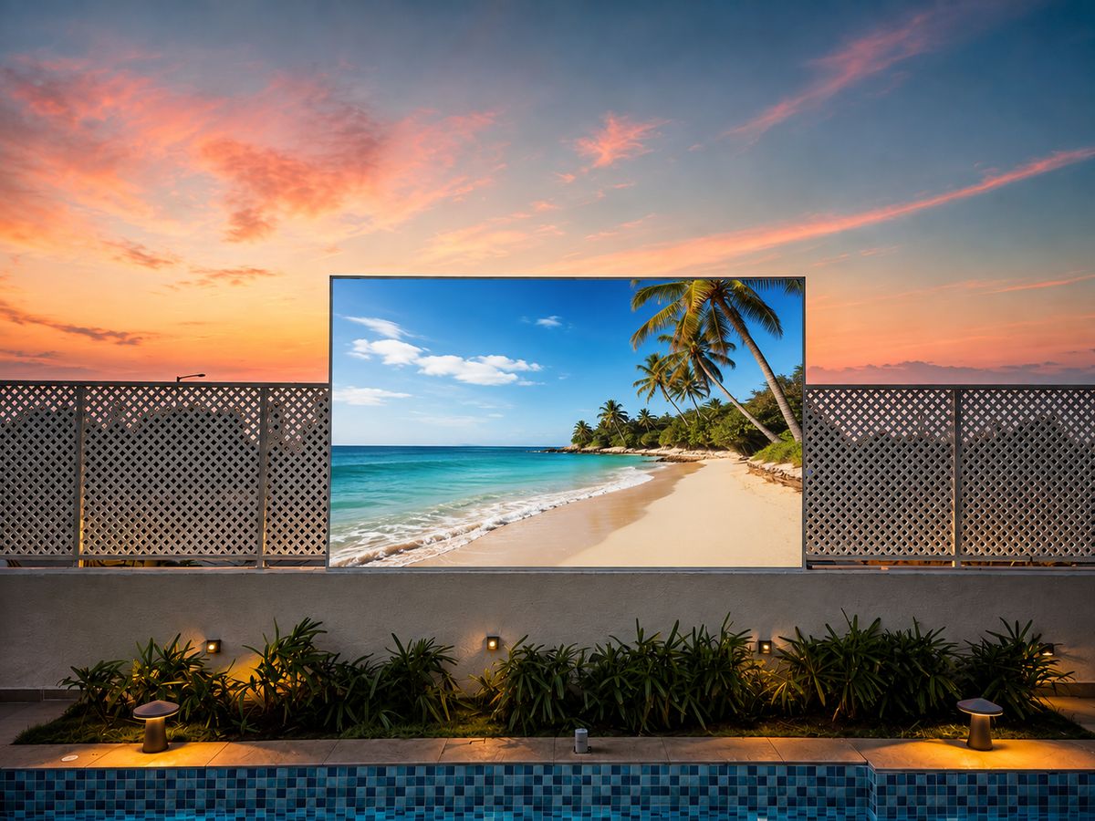 150-inch outdoor LED cinema screen beside the pool at sunset at RYST 109A, Pearl Beach, Cheyyur