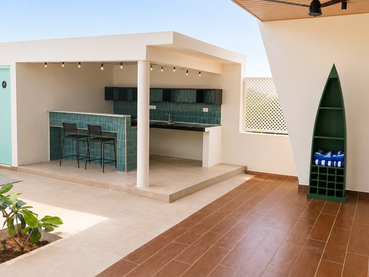 Pool area bar counter at RYST 109A beach villa, Pearl Beach, Cheyyur