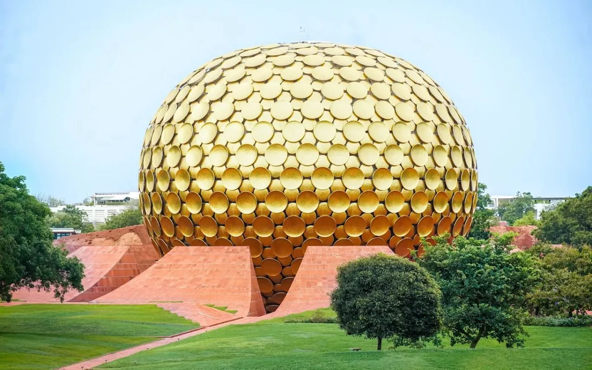 The golden geodesic dome of Auroville's Matrimandir
